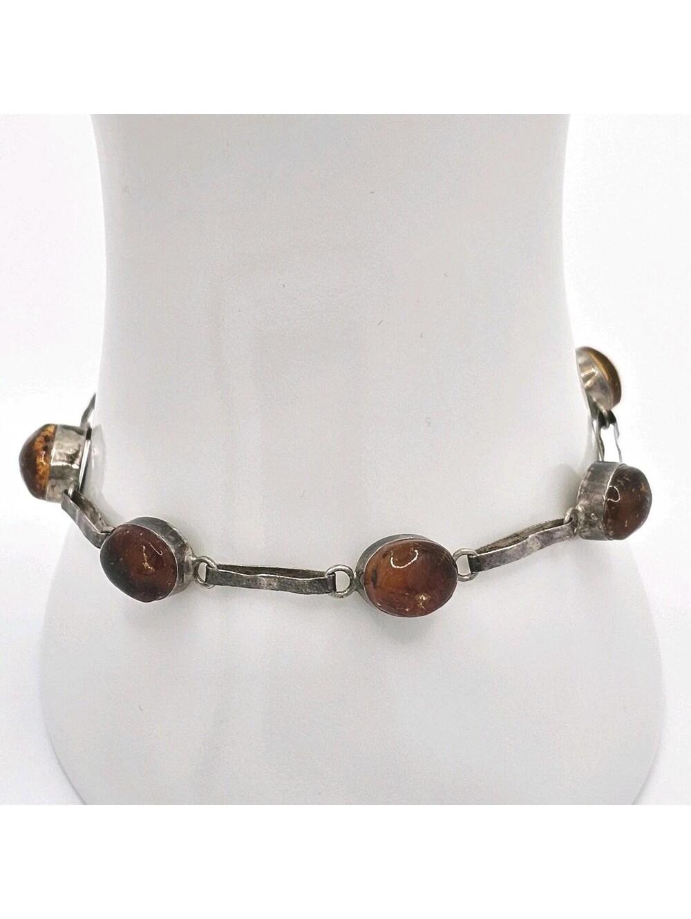 Vintage 70s Sterling Silver Amber Bracelet, Moody Stackable Natural Inclusions